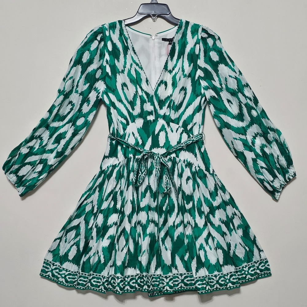Alexis Marie Dress 8 White Green Vneck Long Sleeves Knee-length Tiered Belt 0715